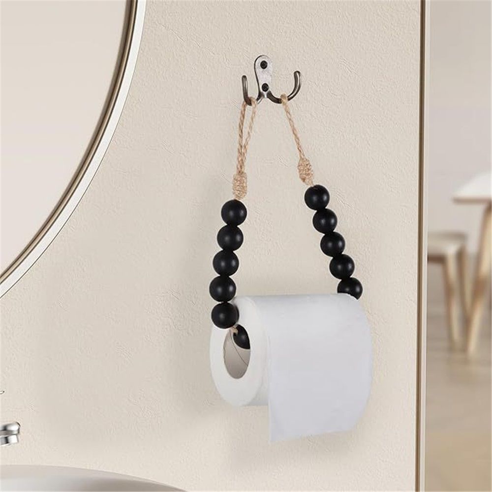2pcs Natural Wood Bead Toilet Paper Holder Handmade Boho Rustic Farmhouse Wall Mounted Bathroom Kitchen Decor (Black)