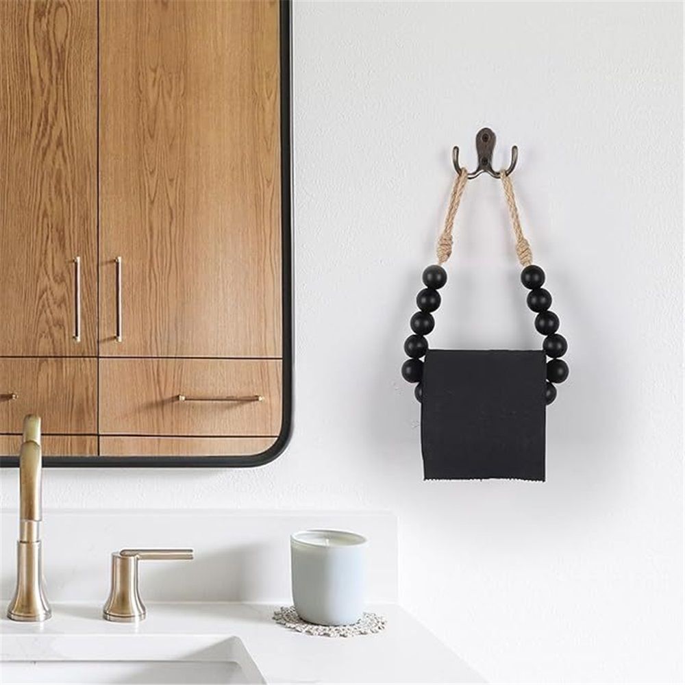 2pcs Natural Wood Bead Toilet Paper Holder Handmade Boho Rustic Farmhouse Wall Mounted Bathroom Kitchen Decor (Black)