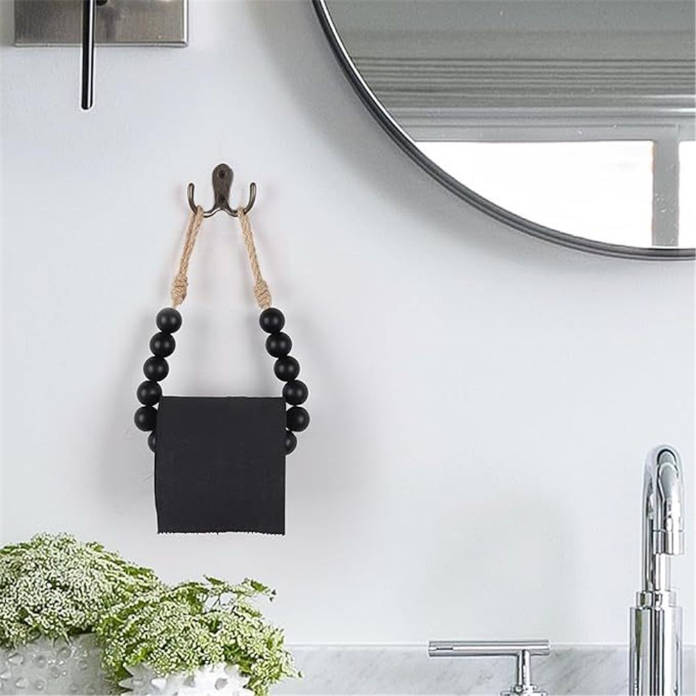 2pcs Natural Wood Bead Toilet Paper Holder Handmade Boho Rustic Farmhouse Wall Mounted Bathroom Kitchen Decor (Black)