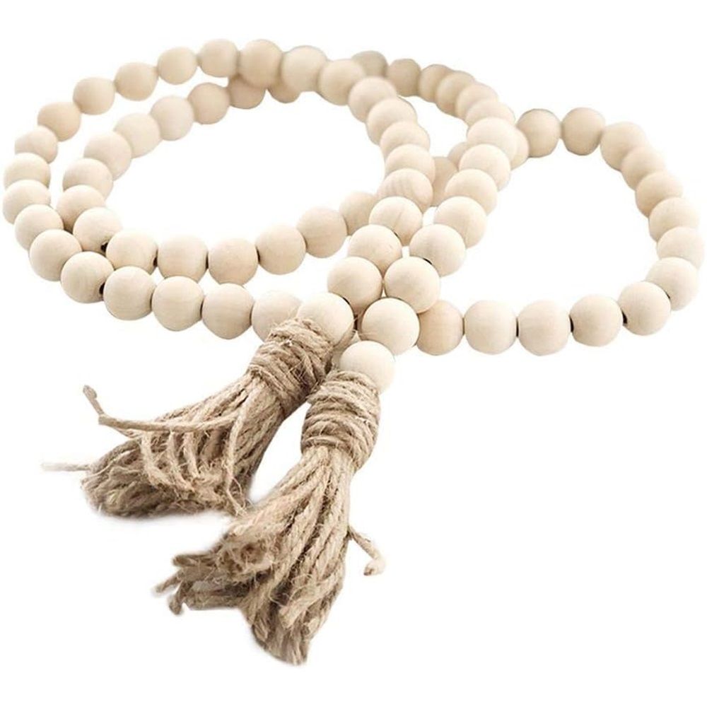Farmhouse Beads Wood Bead Garland with Tassels Rustic Country Decor Boho Beads Big Wall Hanging Decor (2 Pack)
