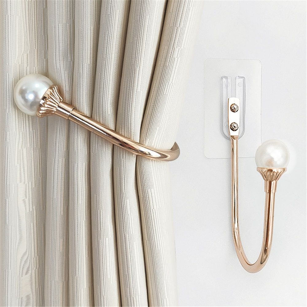 2-piece curtain fixator wall mounted curtain tie hook plastic pearl U-shaped curtain tie curtain tie suitable for home office gold color （Non screw version）