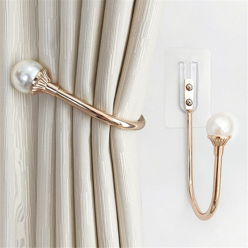 2-piece curtain fixator wall mounted curtain tie hook plastic pearl U-shaped curtain tie curtain tie suitable for home office gold color （Non screw version）