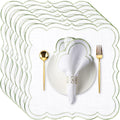 6 Set Cloth Napkins  Scalloped Embroidery Cloth Napkins Washable Polyester Table Dinner for Hotel Restaurant Weddings Events Parties (Bean green border)