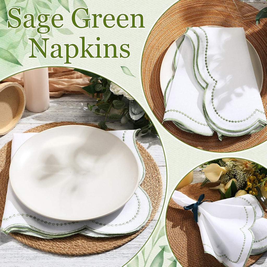 6 Set Cloth Napkins  Scalloped Embroidery Cloth Napkins Washable Polyester Table Dinner for Hotel Restaurant Weddings Events Parties (Bean green border)