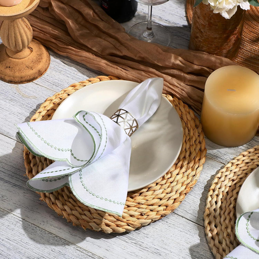 6 Set Cloth Napkins  Scalloped Embroidery Cloth Napkins Washable Polyester Table Dinner for Hotel Restaurant Weddings Events Parties (Bean green border)
