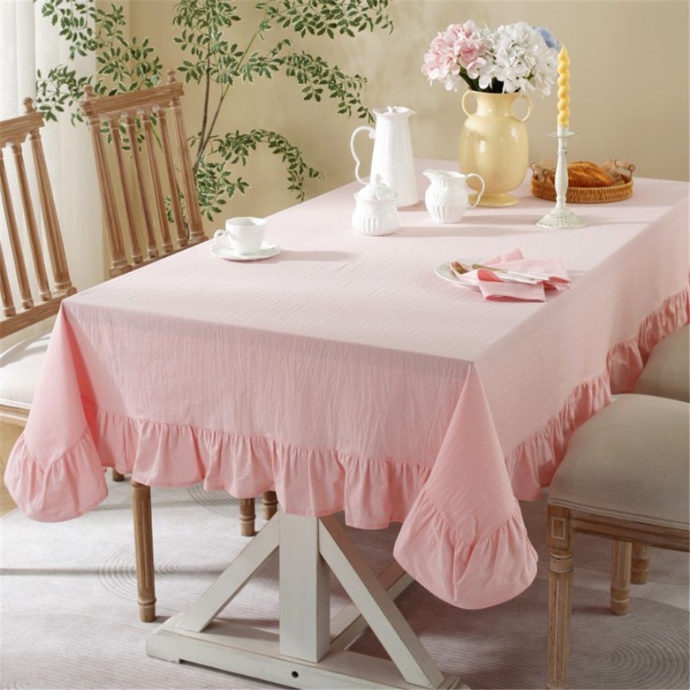 Solid Color Ruffled Tablecloth Cotton Rectangular Square Table Cover Decoration for Kitchen Dinning（pink）