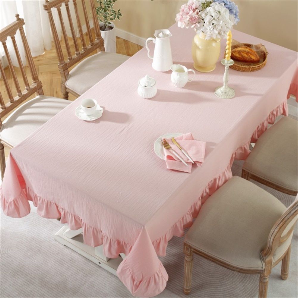 Solid Color Ruffled Tablecloth Cotton Rectangular Square Table Cover Decoration for Kitchen Dinning（pink）