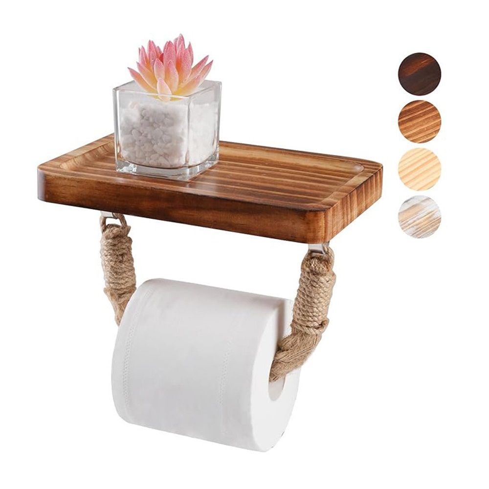 Farmhouse Toilet Paper Holder–Beach Rope Bathroom Decor, Wood Toilet Paper Roll Holder with Shelf, Nautical Bathroom Accessory Tissue Holder Towel Rack– Brown