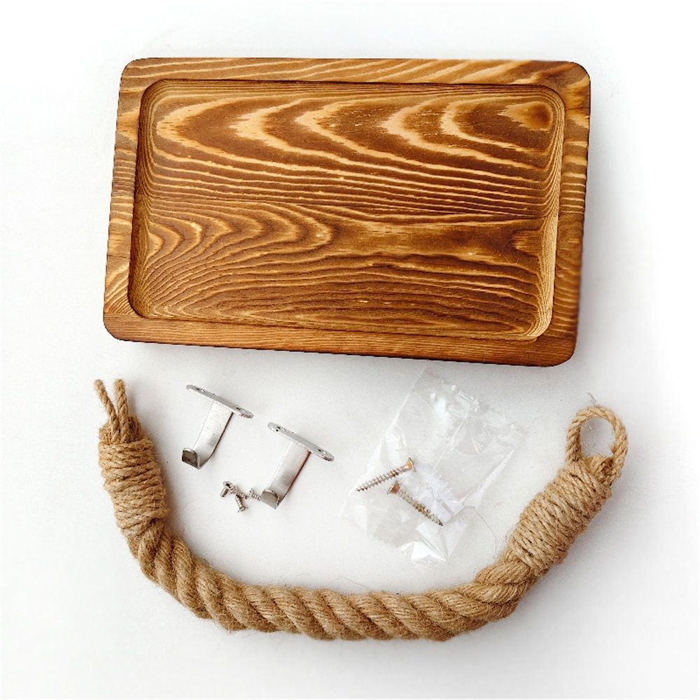 Farmhouse Toilet Paper Holder–Beach Rope Bathroom Decor, Wood Toilet Paper Roll Holder with Shelf, Nautical Bathroom Accessory Tissue Holder Towel Rack– Brown