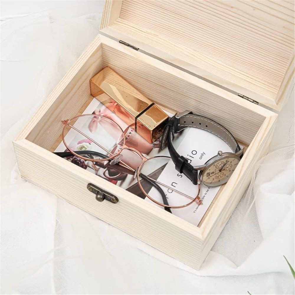 Wooden Jewelry Box Unfinished Storage Organizer Compact Rectangle for Earrings Rings Beads Home Use（20*15*9cm）