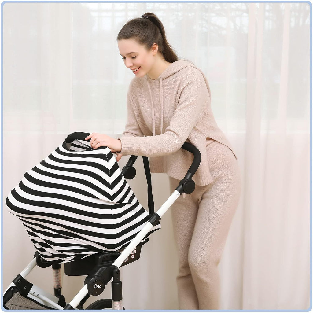 Car Seat Covers, Nursing Cover, and Stroller Cover for Sun - Stretchy Fabric, All-Season Use, Stylish Designs, Easy Access for Moms - Classic（black and white stripes）