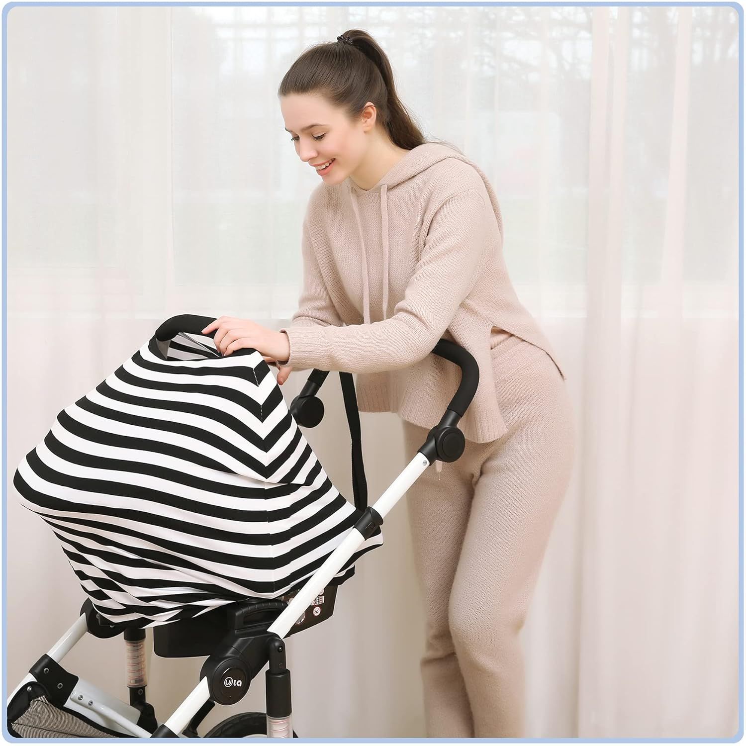 Car Seat Covers, Nursing Cover, and Stroller Cover for Sun - Stretchy Fabric, All-Season Use, Stylish Designs, Easy Access for Moms - Classic（black and white stripes）