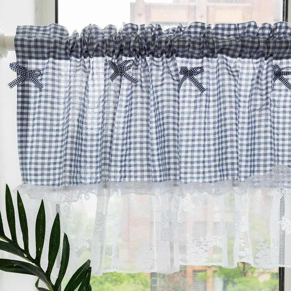 Blue and white checkered curtains, lace semi transparent kitchen curtains, living room semi curtains (blue 106 * 45cm)