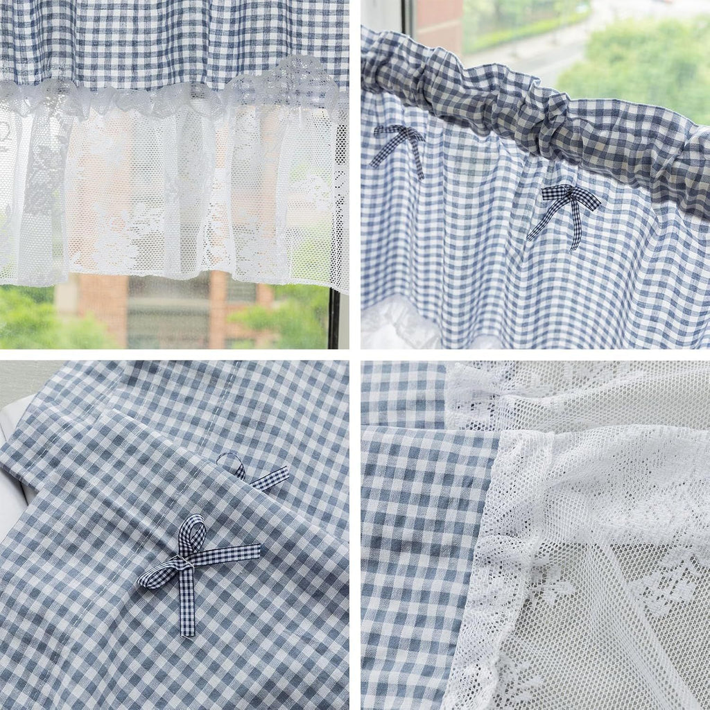 Blue and white checkered curtains, lace semi transparent kitchen curtains, living room semi curtains (blue 106 * 45cm)