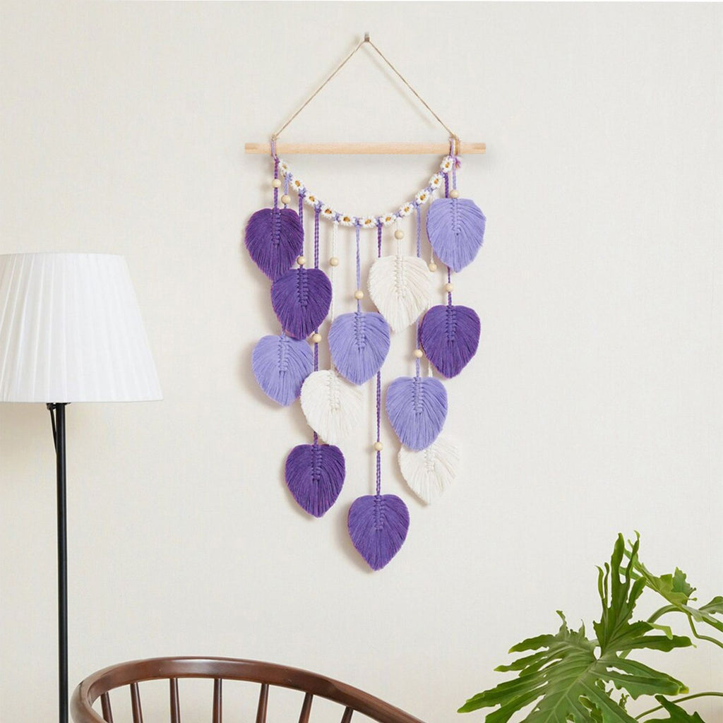 Wall Hanging Leaves Chic Woven Leaf Tassels Decoration Cotton Ornaments Tapestry Room Decor Modern Bohemian Handmade Feather Wall Art Decorations for Apartment Backdrop  (Purple)