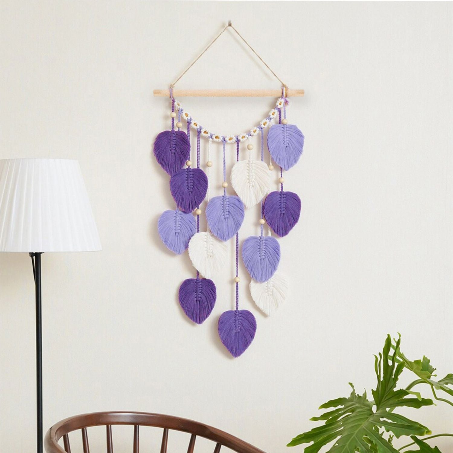 Wall Hanging Leaves Chic Woven Leaf Tassels Decoration Cotton Ornaments Tapestry Room Decor Modern Bohemian Handmade Feather Wall Art Decorations for Apartment Backdrop  (Purple)