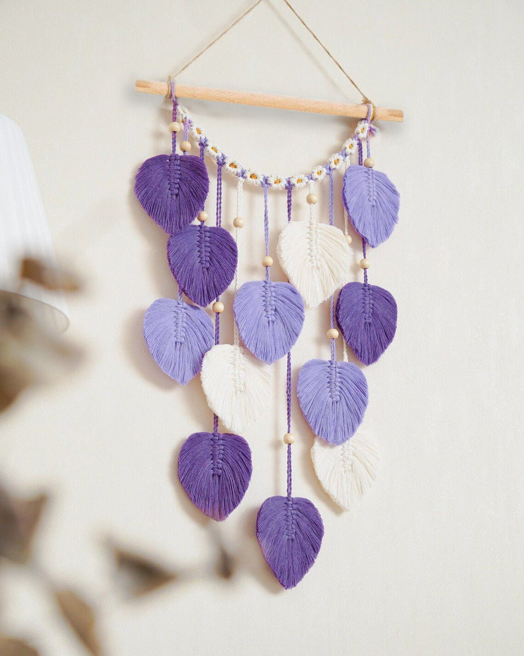 Wall Hanging Leaves Chic Woven Leaf Tassels Decoration Cotton Ornaments Tapestry Room Decor Modern Bohemian Handmade Feather Wall Art Decorations for Apartment Backdrop  (Purple)