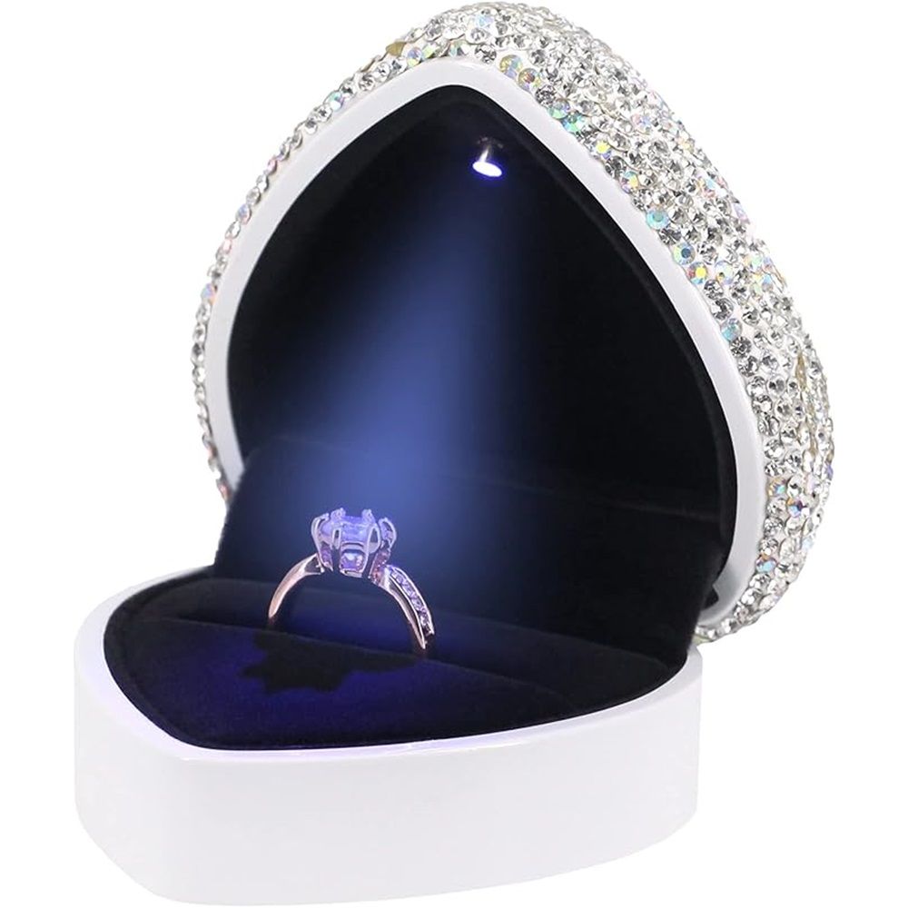 Heart Shaped Ring Box with LED Light Velvet Earrings Coin Jewelry Box Display Case Gift Box for Proposal Engagement Wedding Anniversary Valentines（white）