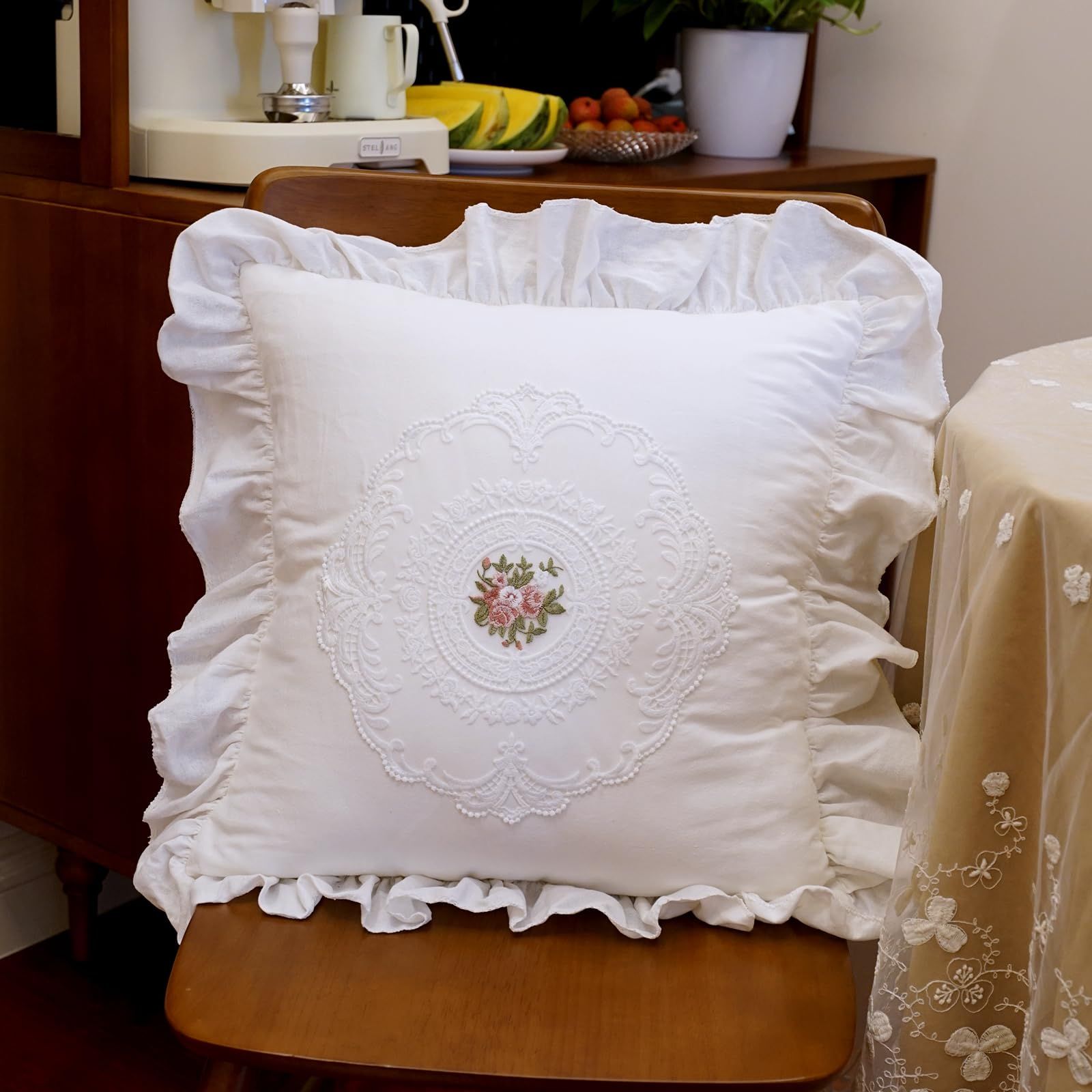 Cotton Lace Embroidery Throw Pillow Covers Boho Neutral Cushion Case Soft Accent Pillowcase for Spring Sofa Couch Bed Living Room Home Decor（white 45*45cm）