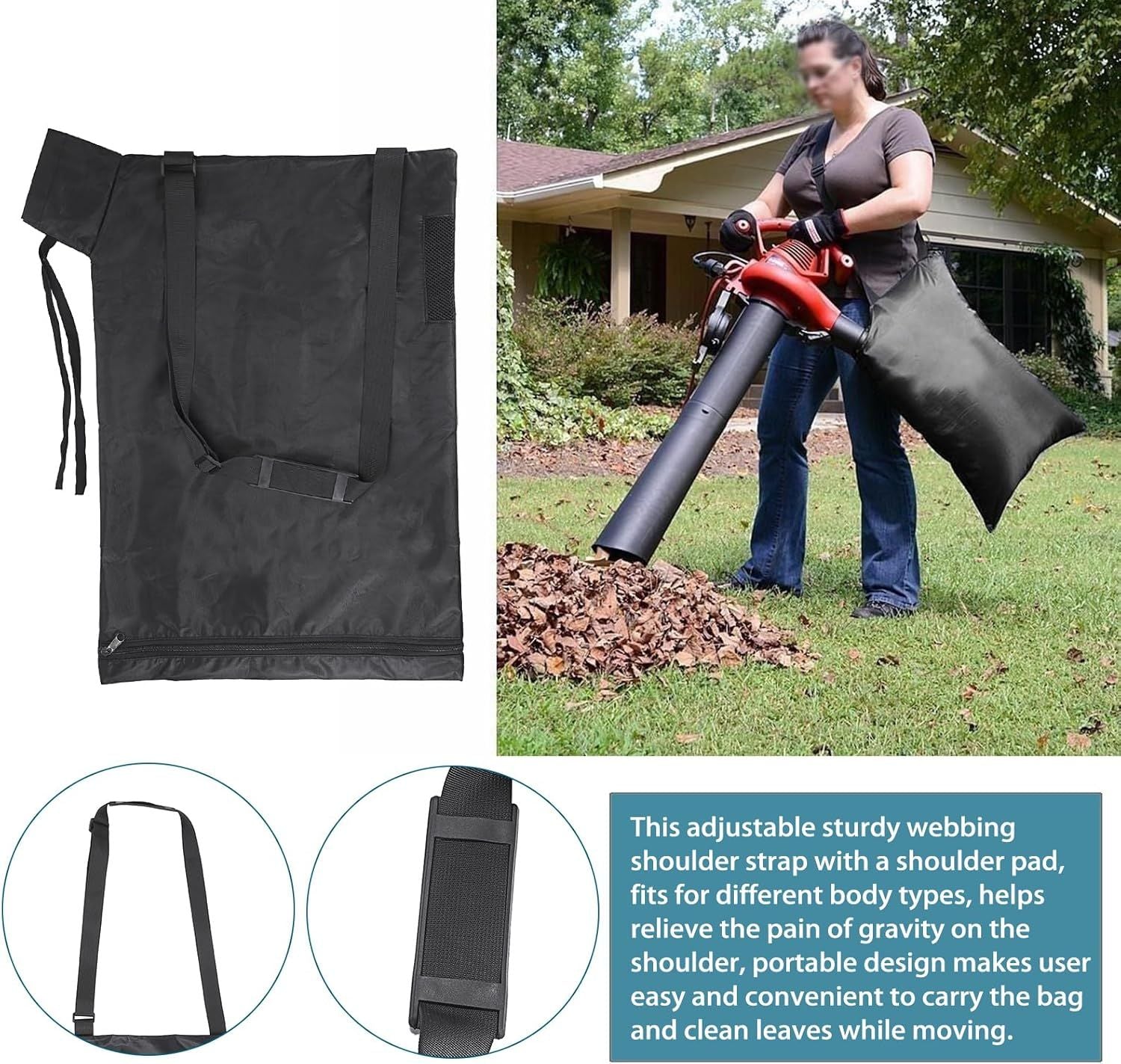 Blower Bag Black Leaf Vacuum Bag Leaf Blower Replacement Bag , Adjustable Leaf Blower Mulcher Bag Bottom Debris Zipper Bag Fallen Leaves Collection Bag 420D
