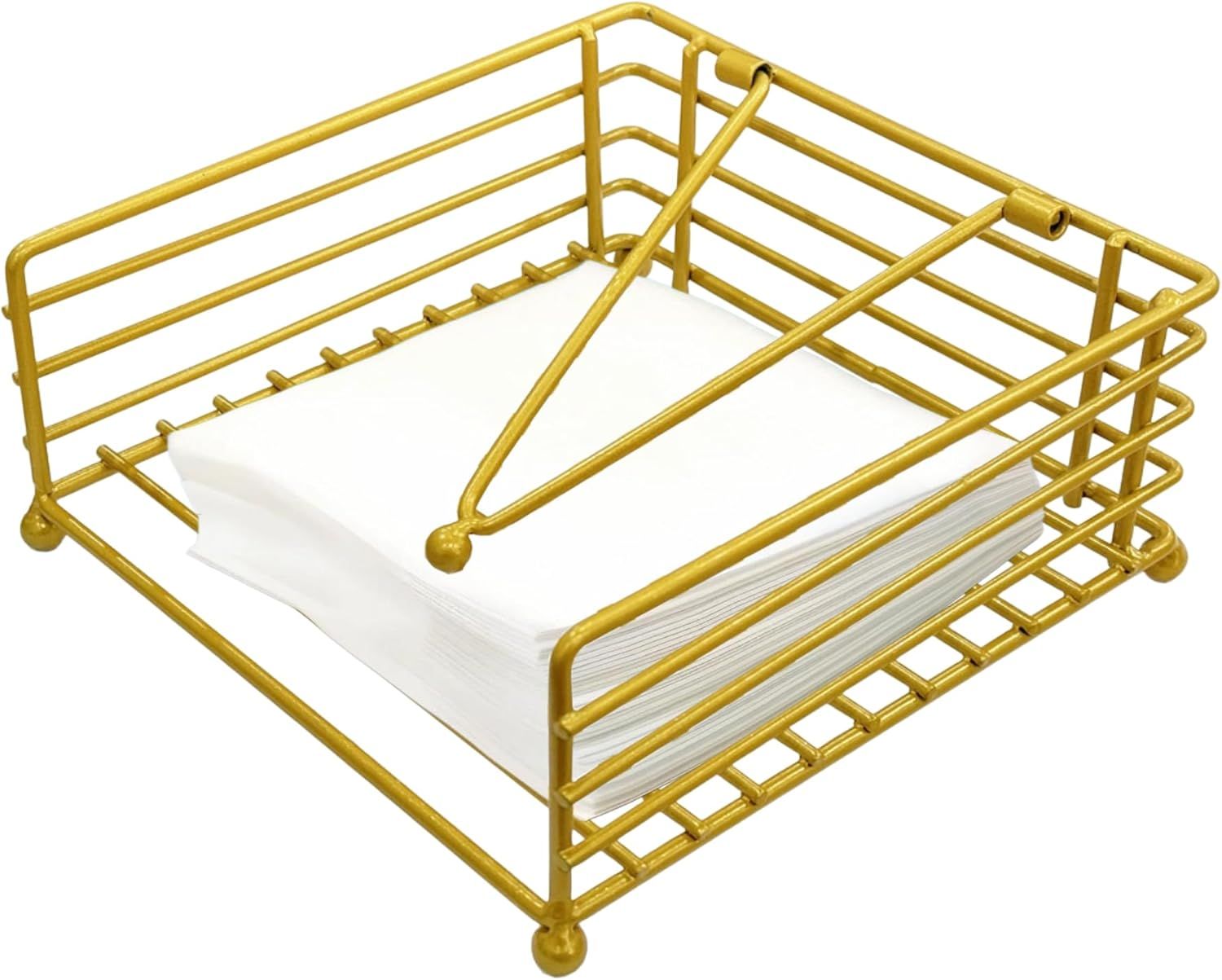 Napkin Holder for Table, Flat Napkin Dispenser with Weighted Arm, Square Cocktail Paper Holder of Elegant Rustic Iron for Kitchen Dining Room Decor Restaurant Farmhouse Hotel Party, Gold