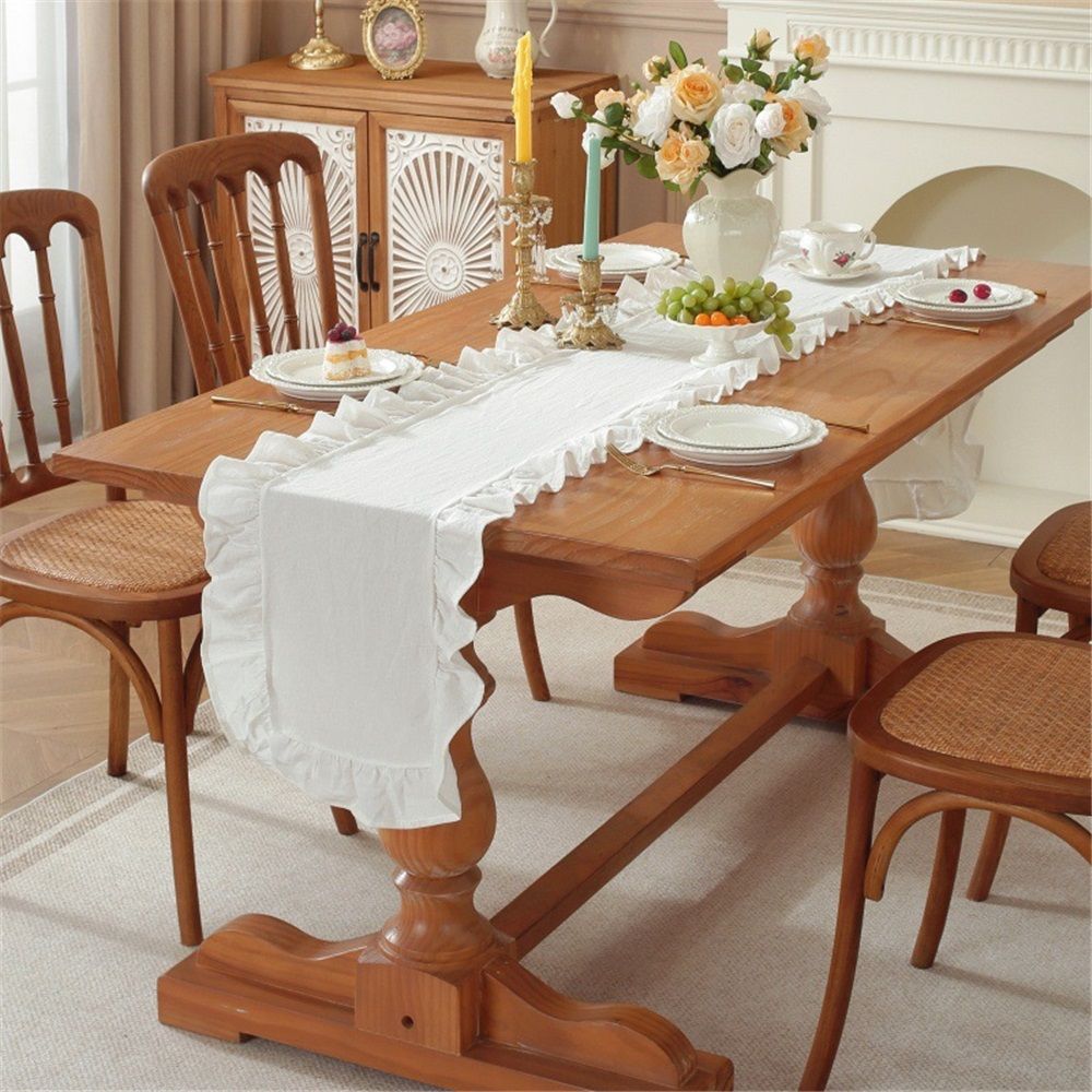 White Ruffle Table Runner Cotton Fabric 35*120CM Farmhouse Rustic Ruffled Edge Table  Wedding Decor for Valentines Baby Bridal Party