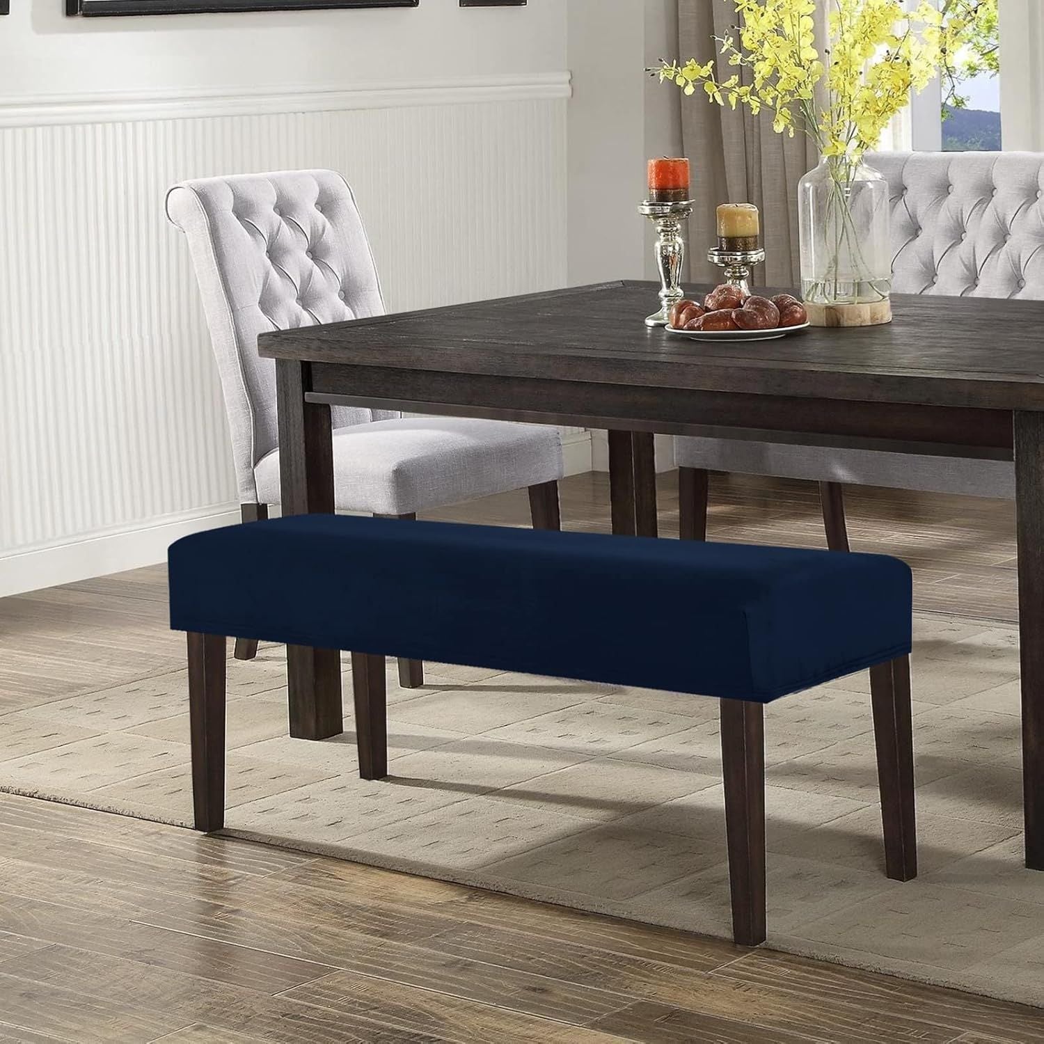 Removable Dining Chair Cover, Soft Fit Universal Stretch Bench Chair Slipcovers, Anti-Dust Washable Jacquard Seat Protector for Bedroom, Living Room, Kitchen(dark blue)