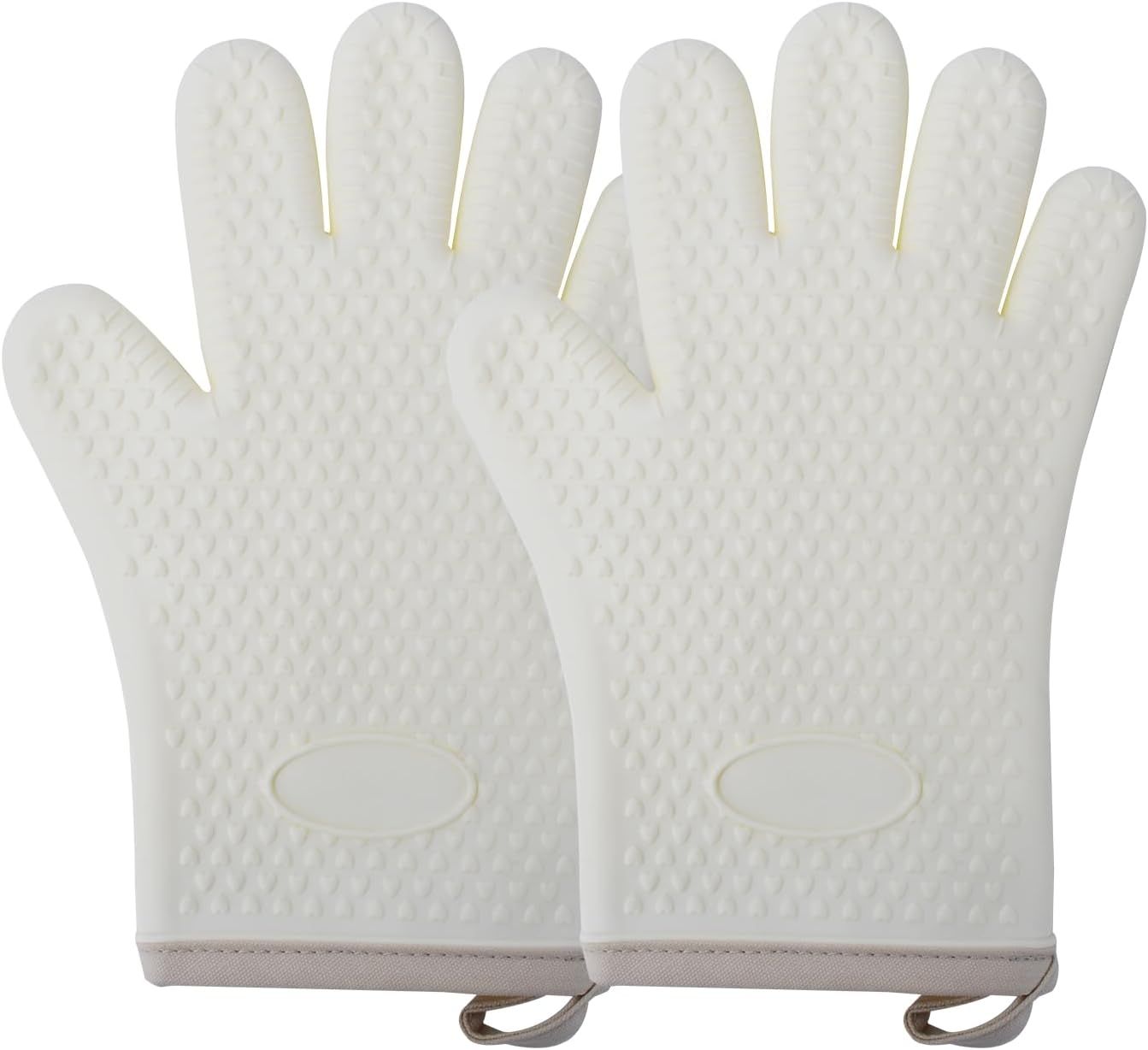 a pair of Silicone Oven Mitts Heat Resistant ,Waterproof & Non-Slip Oven Gloves with Fingers,Cotton Lined Silicone Oven Gloves Kitchen Mitts(beige)