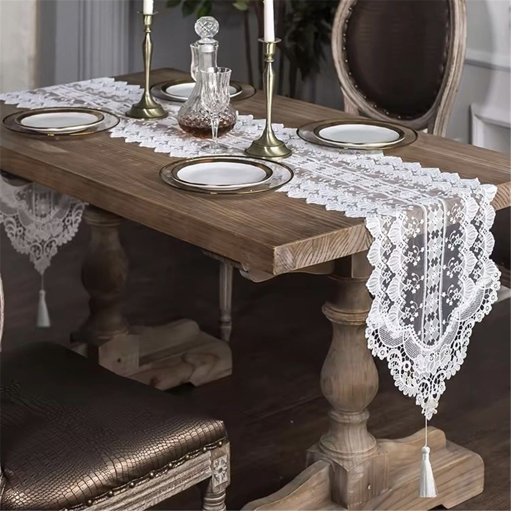 White lace exquisite rectangular dining table scarf elegant dress scarf simple and chic rural decoration home kitchen festival wedding party living room (white, 35*180cm)