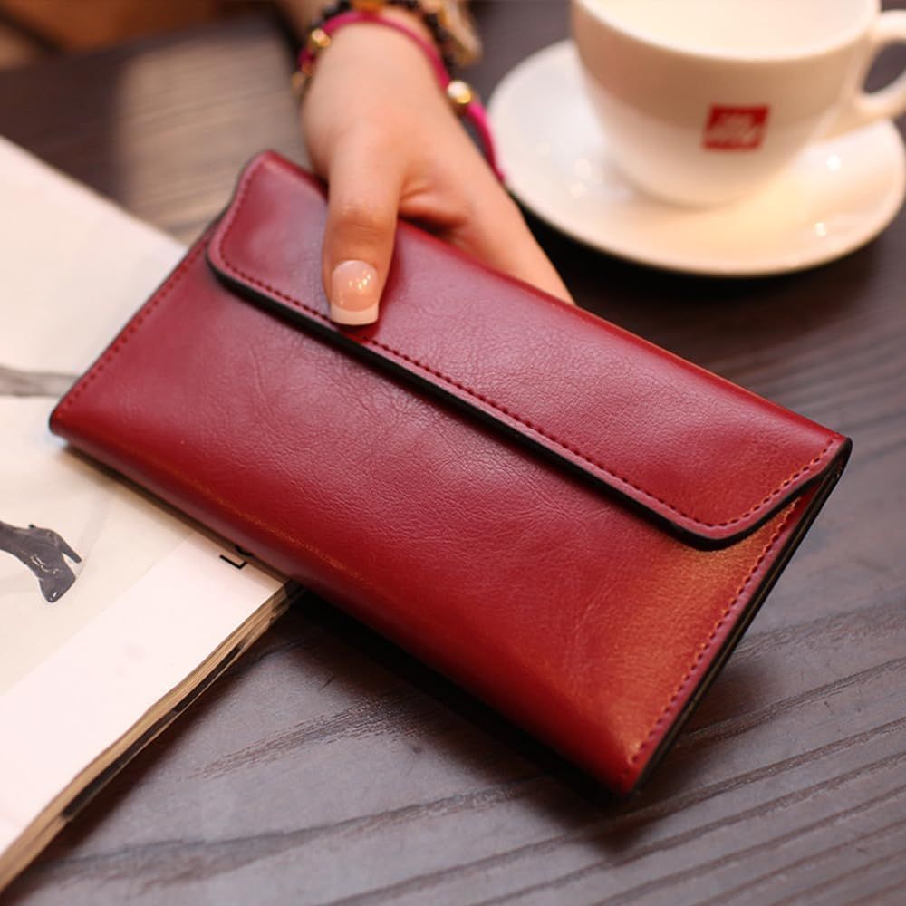 Women's Genuine Real Leather Slim Envelope Wallet with Detached Card Holder with Magnetic Closure, Phone Holder Clutch (Wine Red)