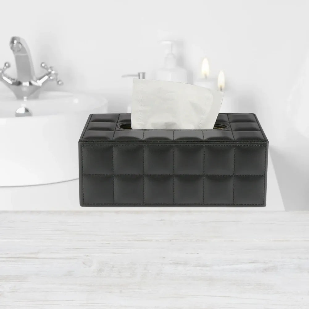PU Leather Tissue Box Holder Business Black, Rectangular Napkin Holder Drawer Paper Dispenser, Home Office Car Tissue Holder with Magnetic Bottom (Black)