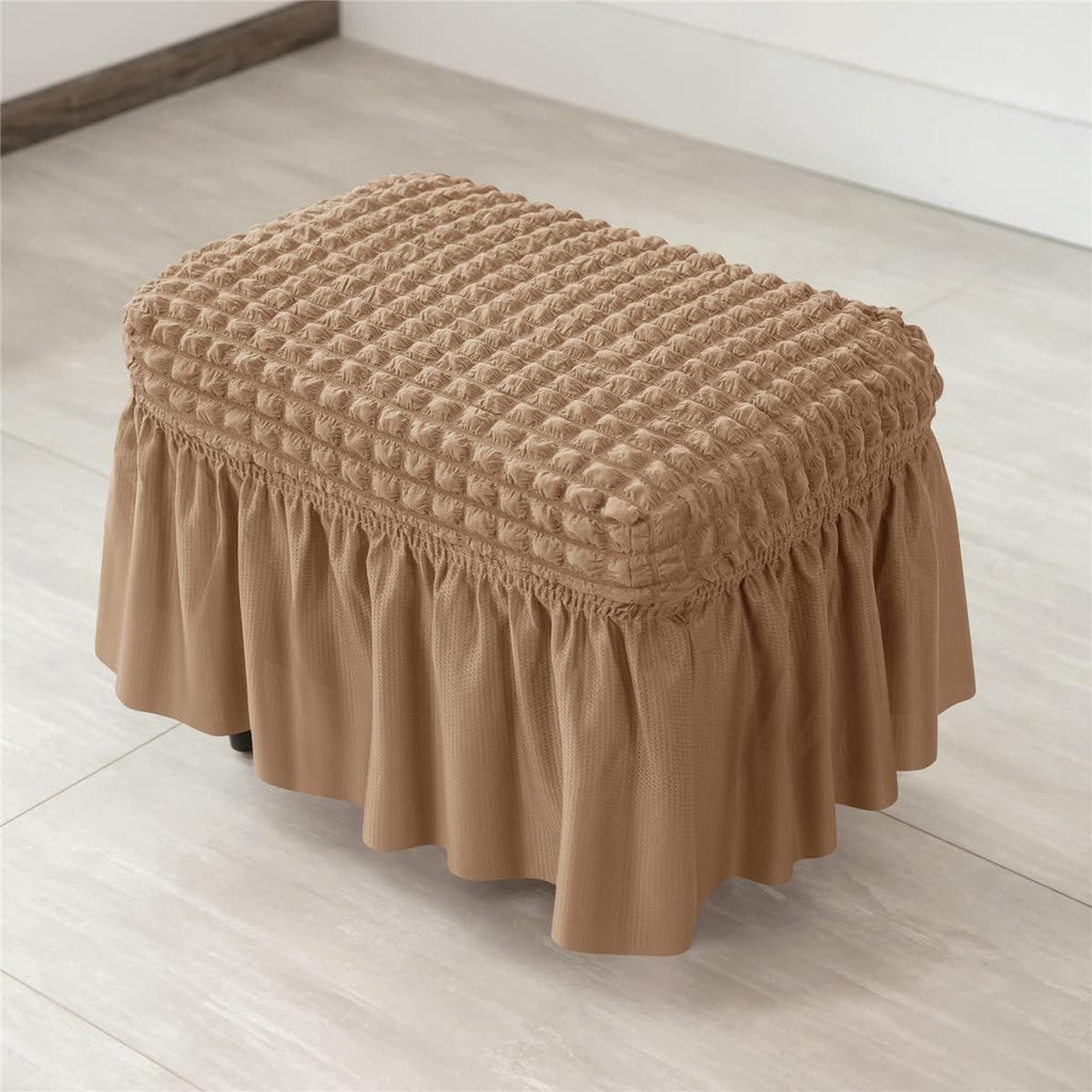Lattice Stretch  Cover Soft Stretch Slipcover with Skirt Polyester Rectangle Footstool Modern Furniture Protector Bubble Covers for Living Room and Bedroom（khaki）