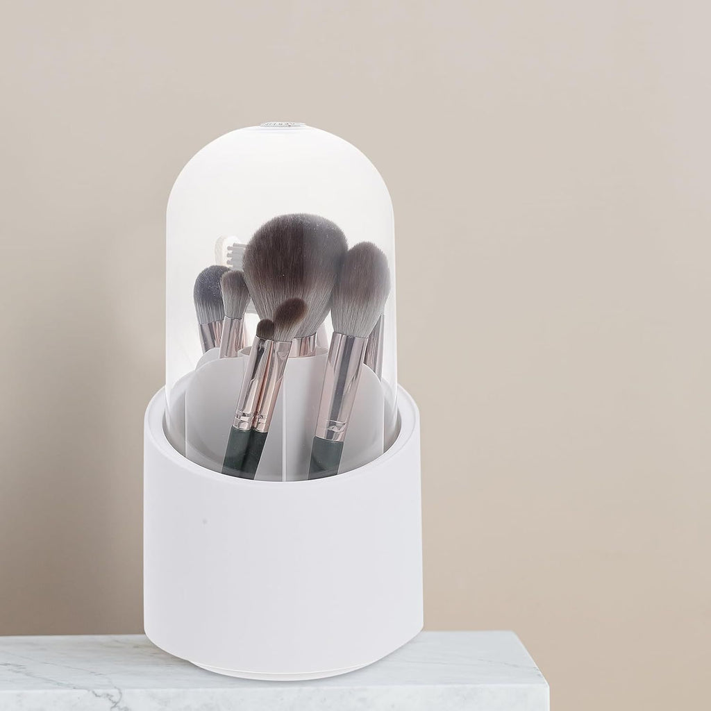 Makeup Brush Holder 360° Rotating with Dustproof Lid, Waterproof Material, Organized Storage, Stylish and Durable Design for Vanity (White)