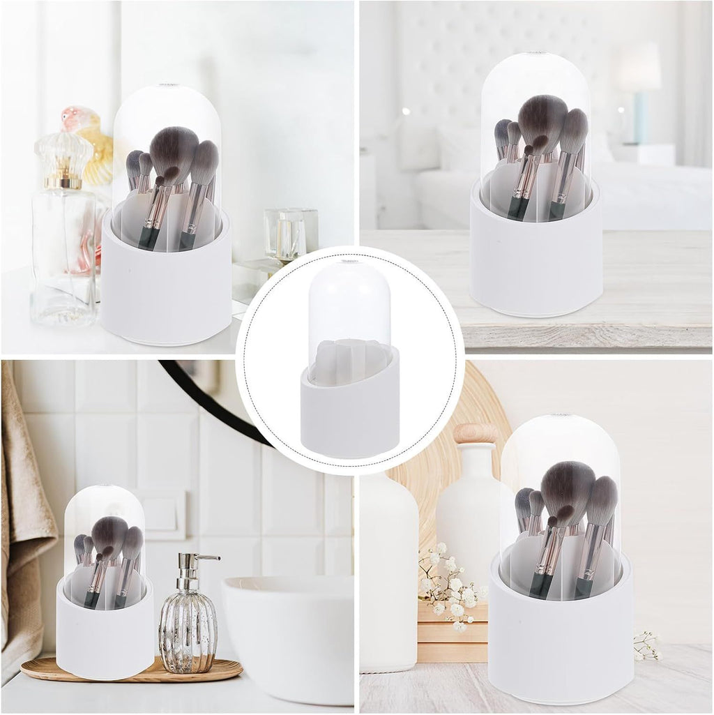 Makeup Brush Holder 360° Rotating with Dustproof Lid, Waterproof Material, Organized Storage, Stylish and Durable Design for Vanity (White)