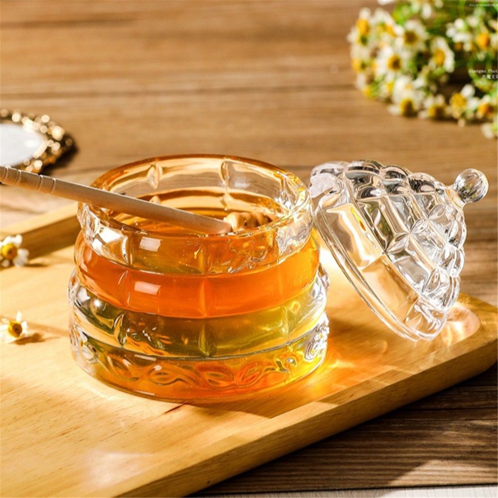 Elegant Glass   1 Wooden Dipper  Beehive Design | Perfect for Sugar, Marmalade & Jam | Durable & Stylish Multipurpose Pot with Lid（white）