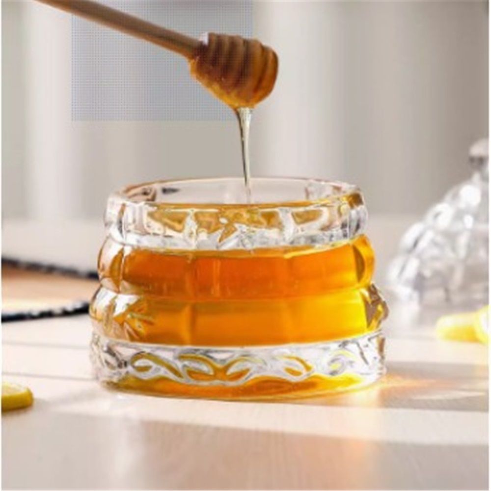 Elegant Glass   1 Wooden Dipper  Beehive Design | Perfect for Sugar, Marmalade & Jam | Durable & Stylish Multipurpose Pot with Lid（white）