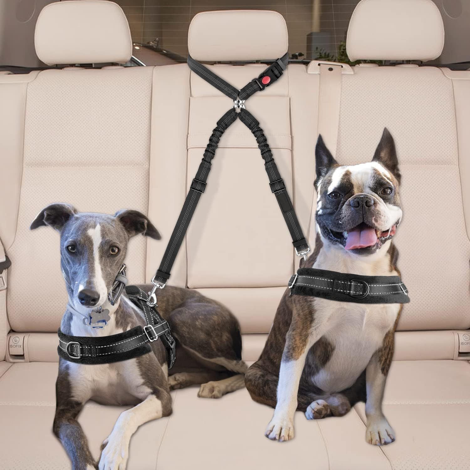 2pcs Dual Pet Car Headrest Restraint Safety Seatbelt No Tangle Dog Leash Duty Adjust Elastic Bungee Puppy Lead Splitter Connect Harness in Vehicle Travel(Black)