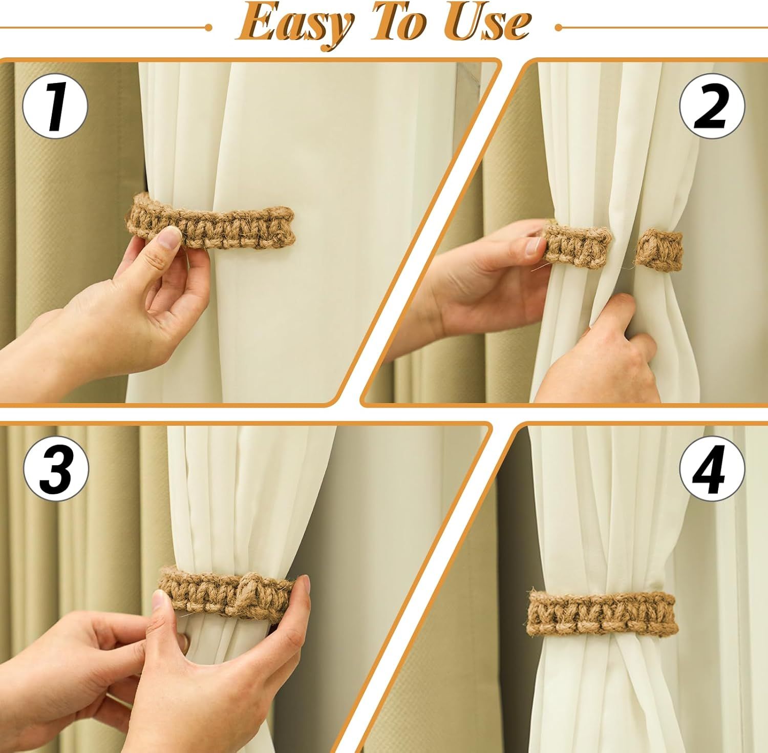 4pcs Curtain Tiebacks Curtain Ties Braided Curtain tie Backs Handmade Curtains tiebacks Curtain Holder Tie Backs for Curtains Rustic Style Curtain holdbacks（brown hemp rope）