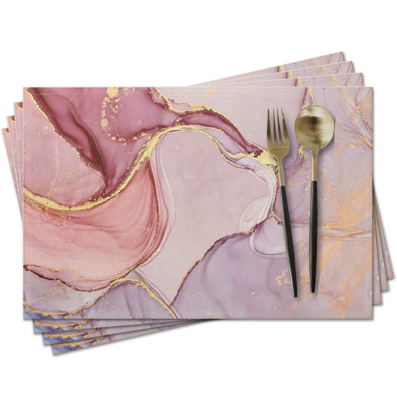 linen Placemats Set of 4, Marble Watercolor Vintage Pink Girl Cute  Placemat for Ding Table Heat-Resistant Non-Slip Table Place Mats for Party Coffee Bar,
