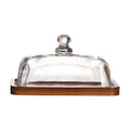 Glass Butter Dish with Lid, Clear Domed Cheese Dish with Handle, Large Butter Keeper Saver with Cover for Table, Kitchen Countertop, Refrigerator（Acacia wood+lid）
