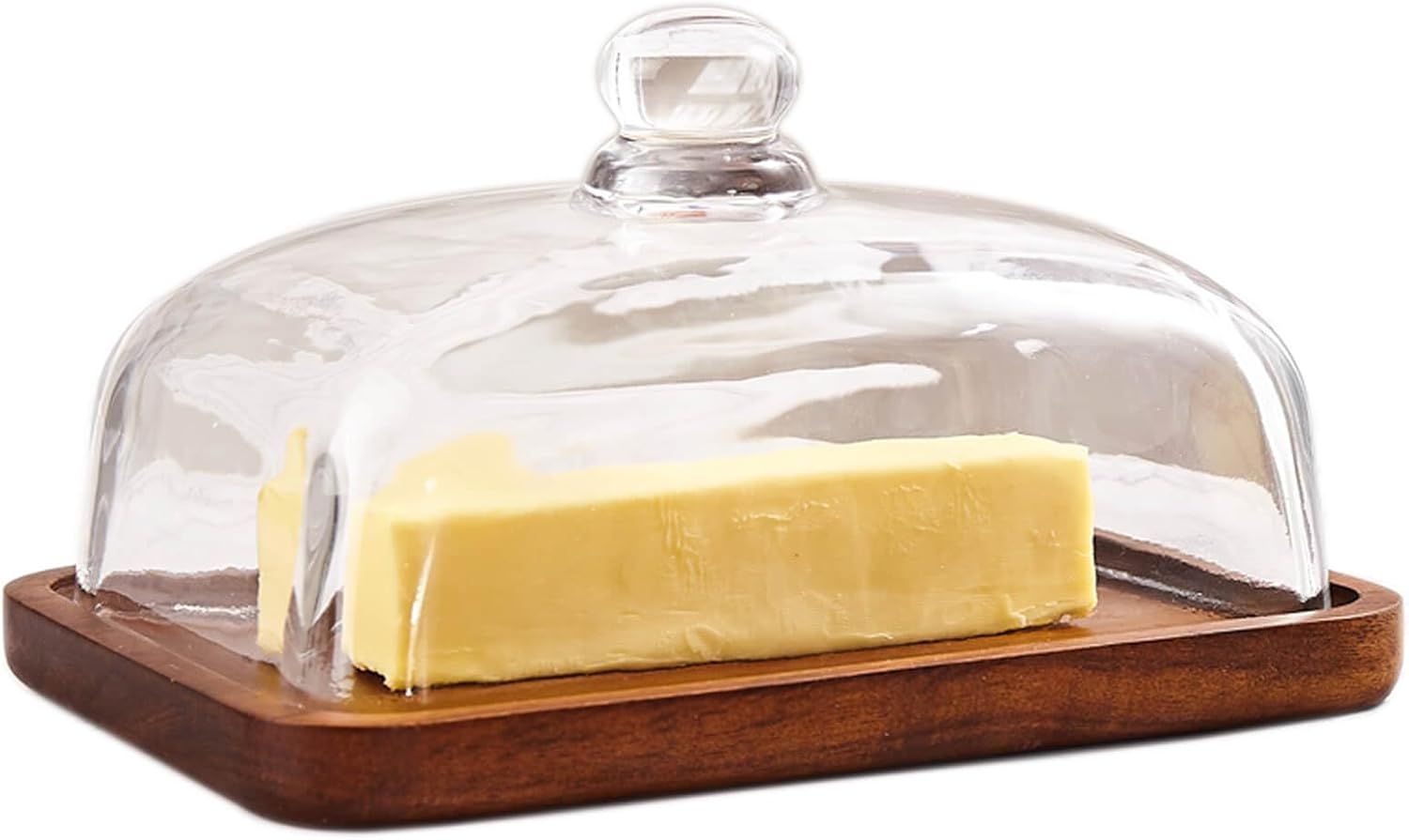 Glass Butter Dish with Lid, Clear Domed Cheese Dish with Handle, Large Butter Keeper Saver with Cover for Table, Kitchen Countertop, Refrigerator（Acacia wood+lid）