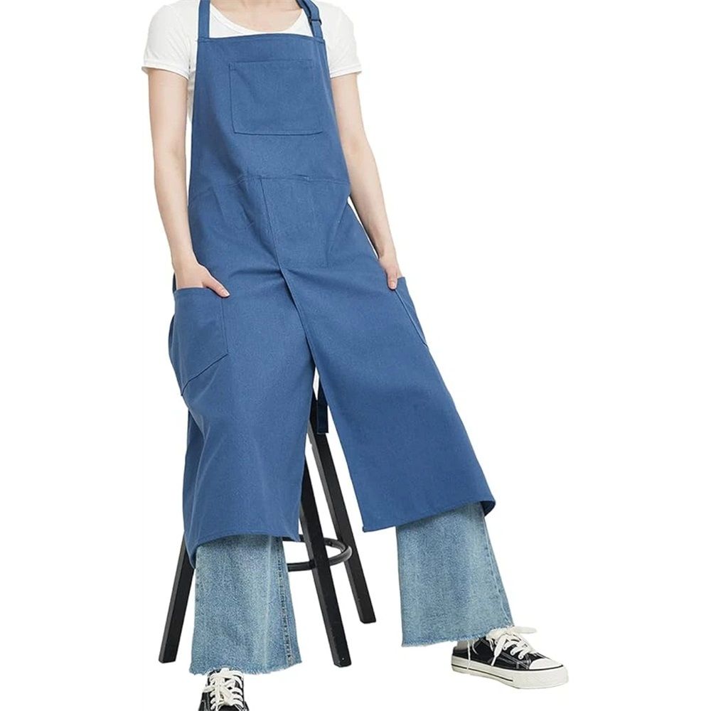 Hanging neck canvas apron long style Pottery Apron with Split Leg, Long Unisex Artist Aprons with 3 Pockets for Ceramics & Clay（ Blue)