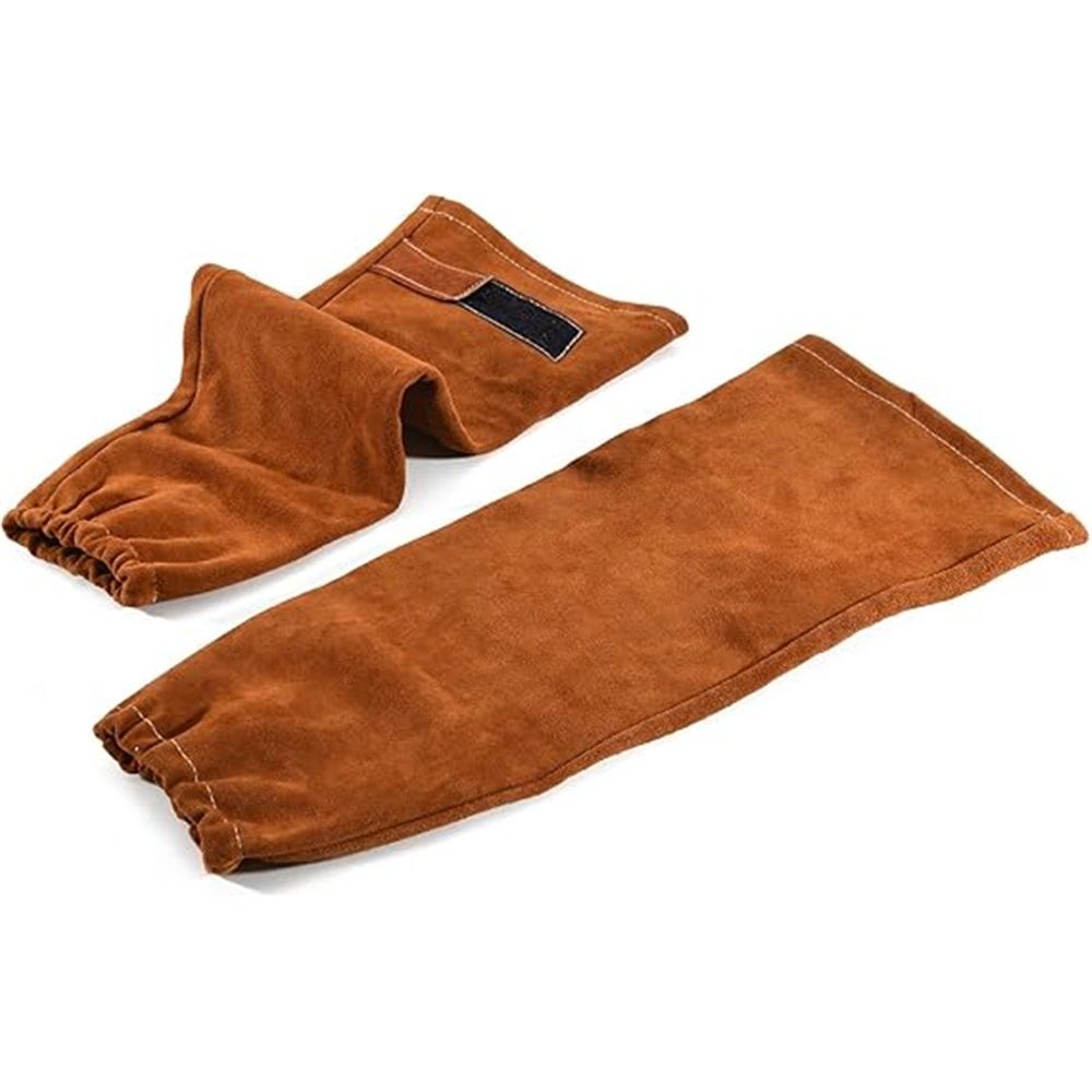 a pair of Leather Welding Work Sleeves for Men&Women - Heat&Flame Resistant Arm Protection with  Stitching and Cotton Lining
