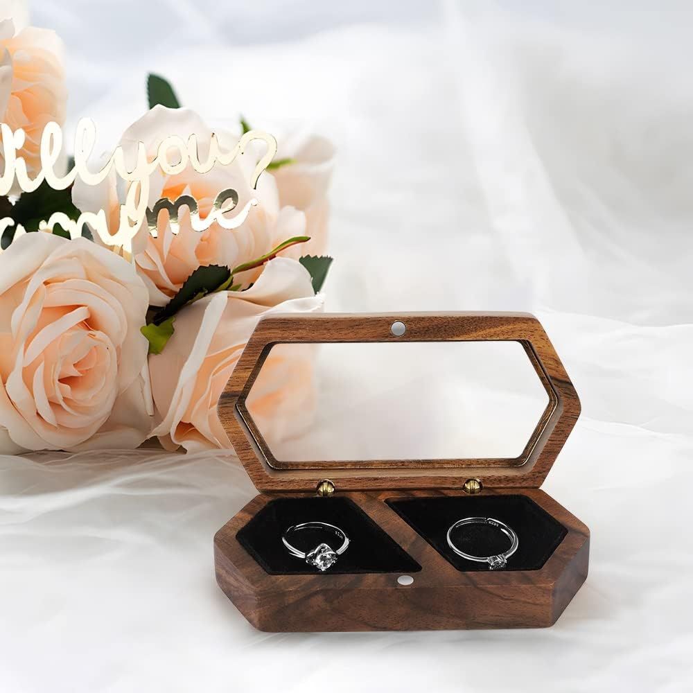 Wooden Ring Box Transparent Lid Couple Rings Box for Engagement Wedding Box Two Slots Small Jewelry Box for Stud Earrings Bracelet Necklace（black）
