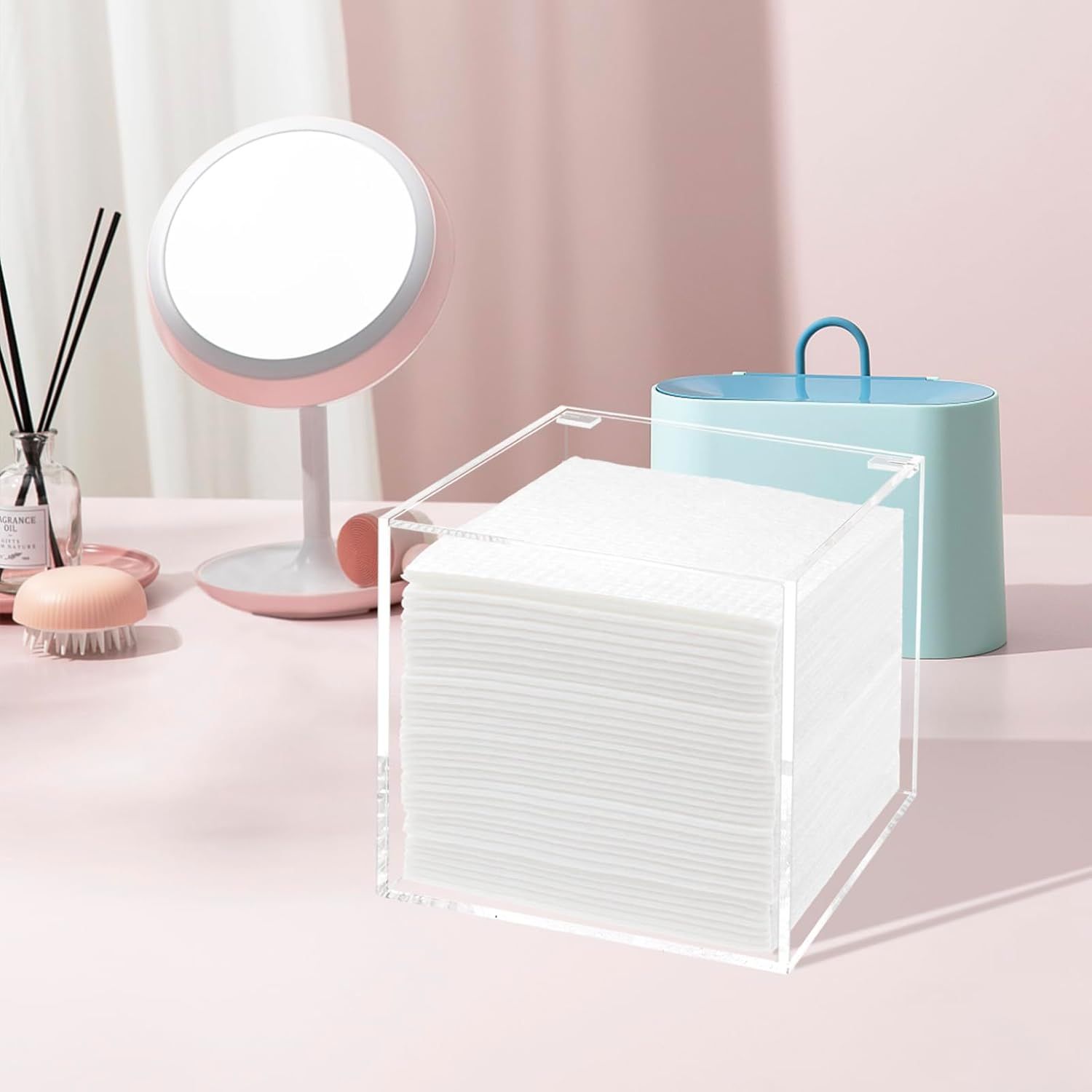 Disposable Face Towel Holder Storage Box , Clear Acrylic Box Container , Makeup Organizer With Flip Lid