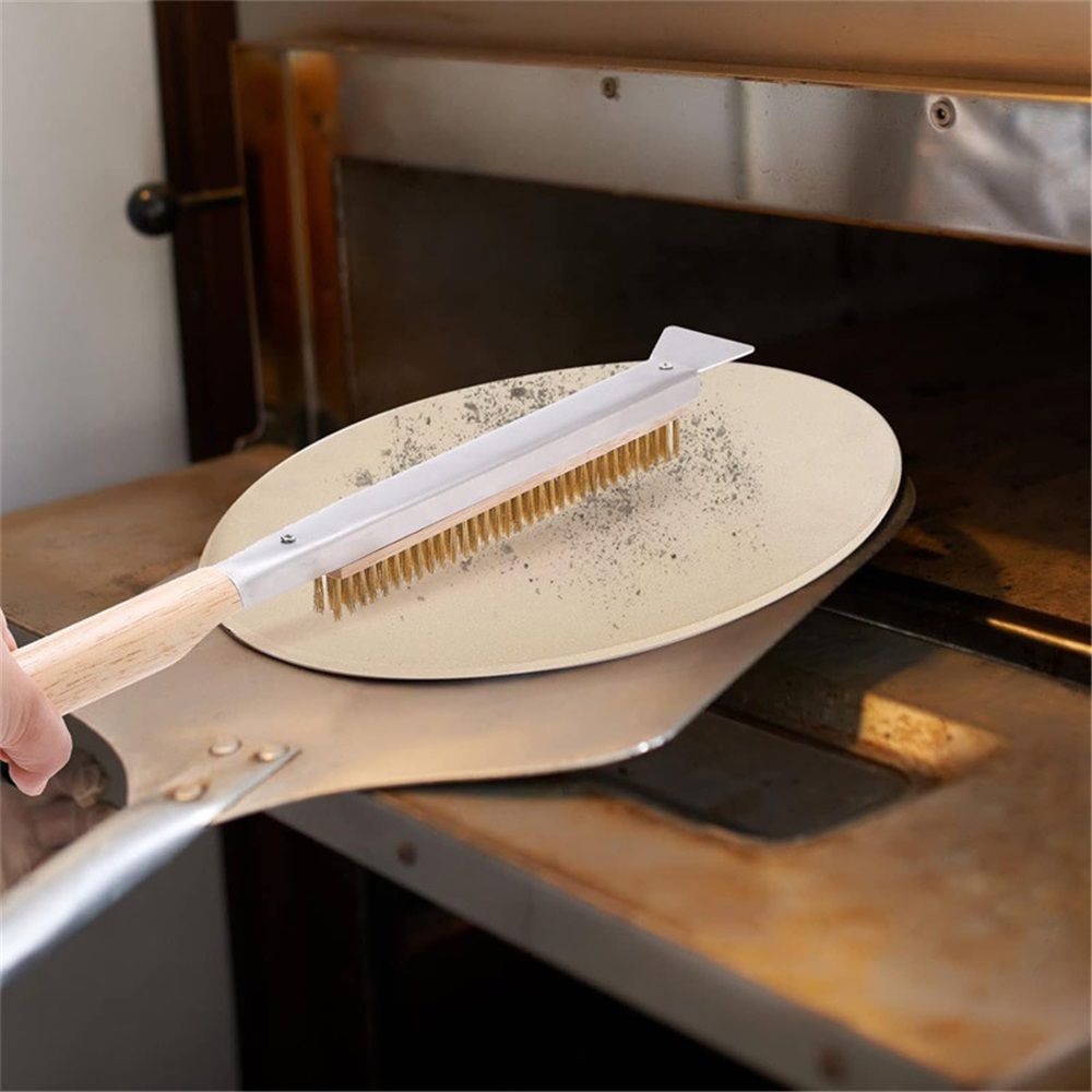 Pizza Oven Brush with Scraper Pizza Oven Brush with Scraper,Copper Wire Pizza Brush with Wood Handle, Portable Pizza Scraper, Outdoor Pizza Oven Accessories