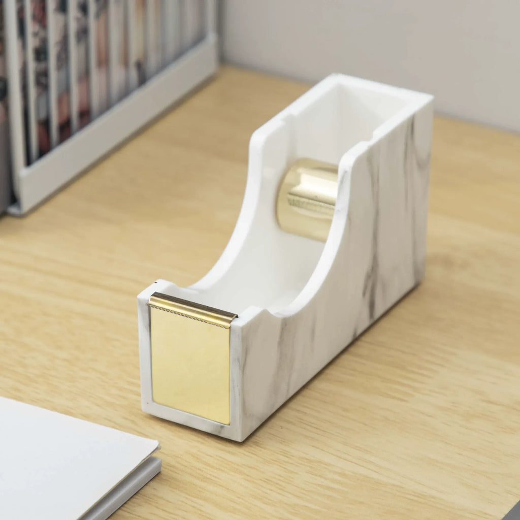 Gold Tape Dispenser | Acrylic Desktop Tape Cutter with Smooth Blade & Weighted Non-Slip Base | Fits Standard & Large Rolls | Cute Desk Accessory for Office & Home (Marble Gold)