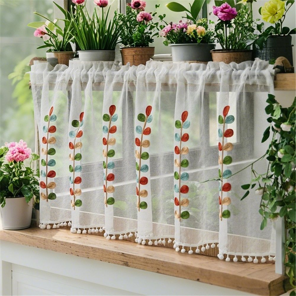 150*60cm Semi Sheer Curtain Valance for Windows Kitchen Cafe, Colorful Leaves Embroidery Curtain Window Treatment Festival Home Decoration