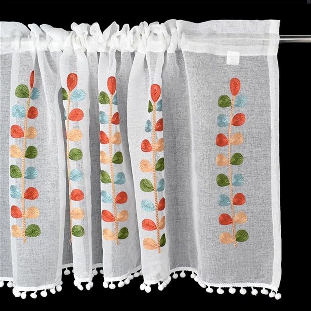 150*60cm Semi Sheer Curtain Valance for Windows Kitchen Cafe, Colorful Leaves Embroidery Curtain Window Treatment Festival Home Decoration
