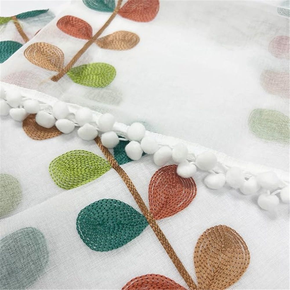150*60cm Semi Sheer Curtain Valance for Windows Kitchen Cafe, Colorful Leaves Embroidery Curtain Window Treatment Festival Home Decoration